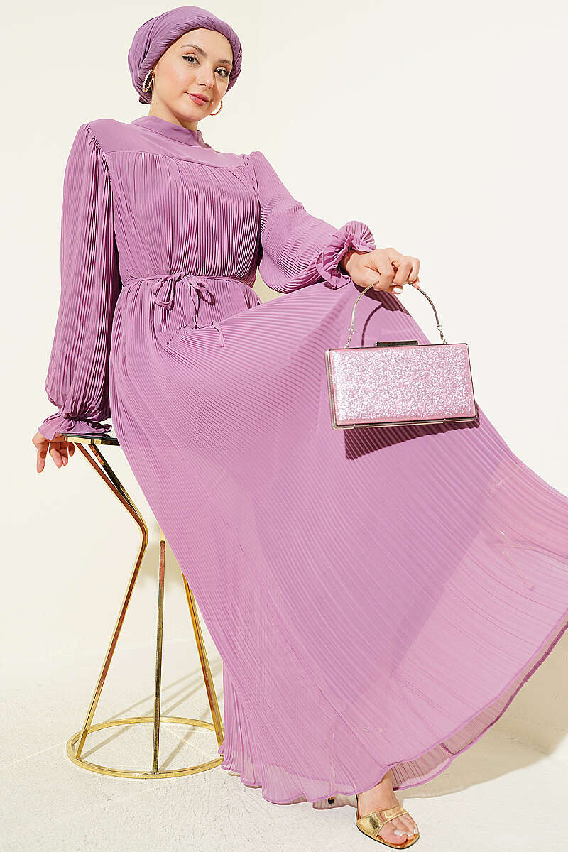 Plissé Evening Dress with Tie Cord - Lilac