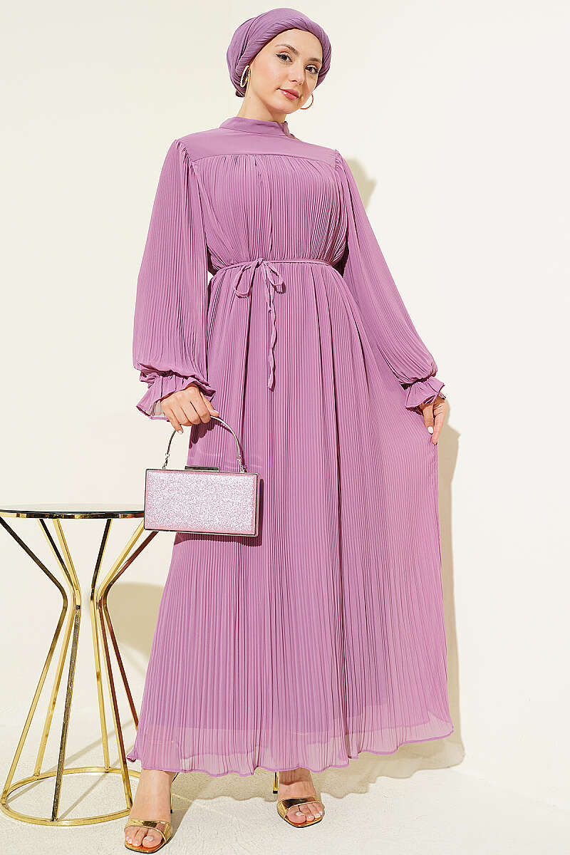 Plissé Evening Dress with Tie Cord - Lilac