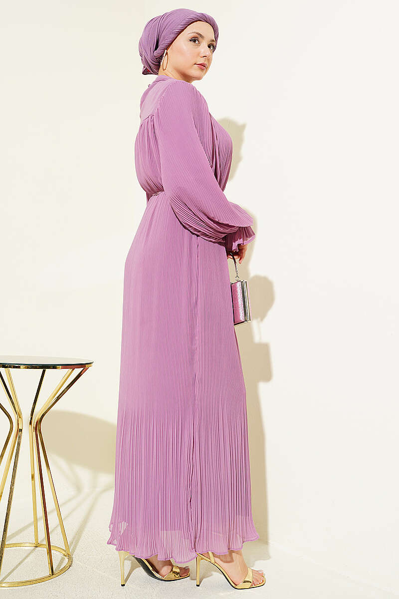 Plissé Evening Dress with Tie Cord - Lilac