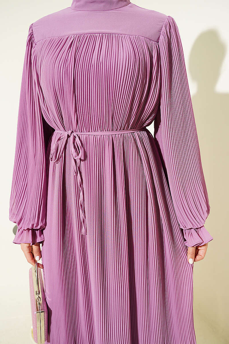 Plissé Evening Dress with Tie Cord - Lilac