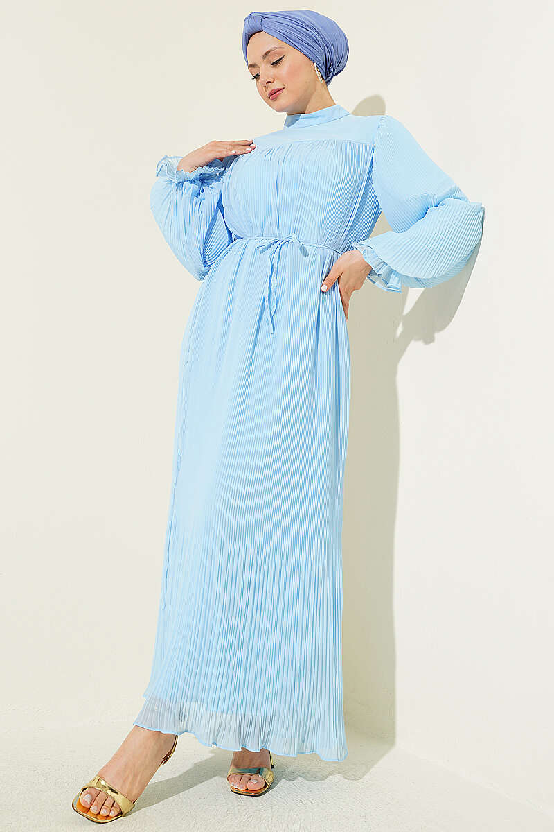 Plissé Evening Dress with Tie Cord - Blue