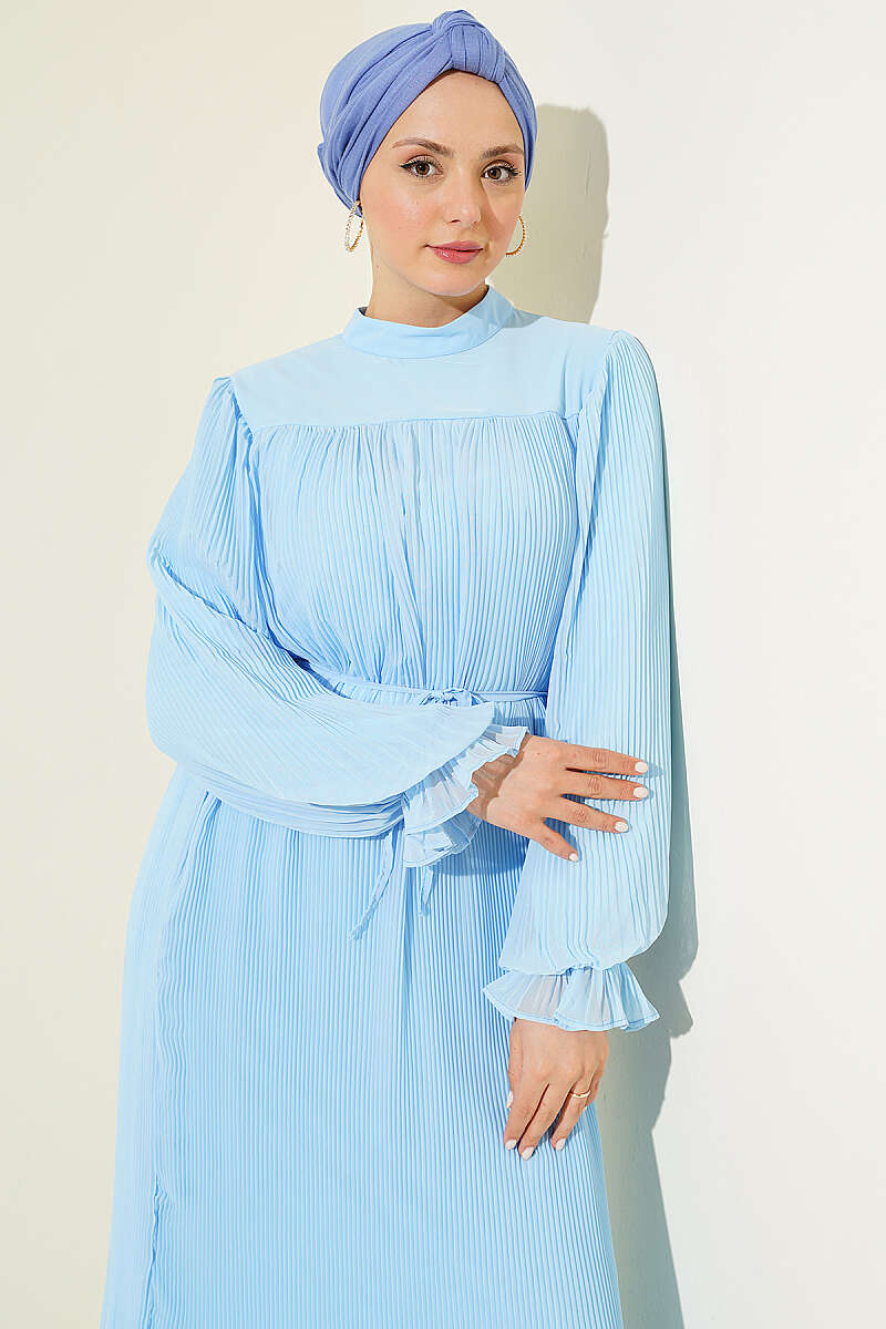 Plissé Evening Dress with Tie Cord - Blue