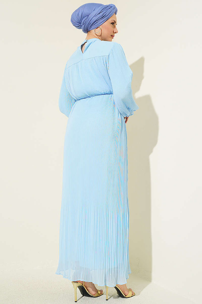 Plissé Evening Dress with Tie Cord - Blue