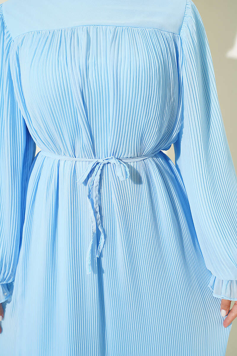 Plissé Evening Dress with Tie Cord - Blue
