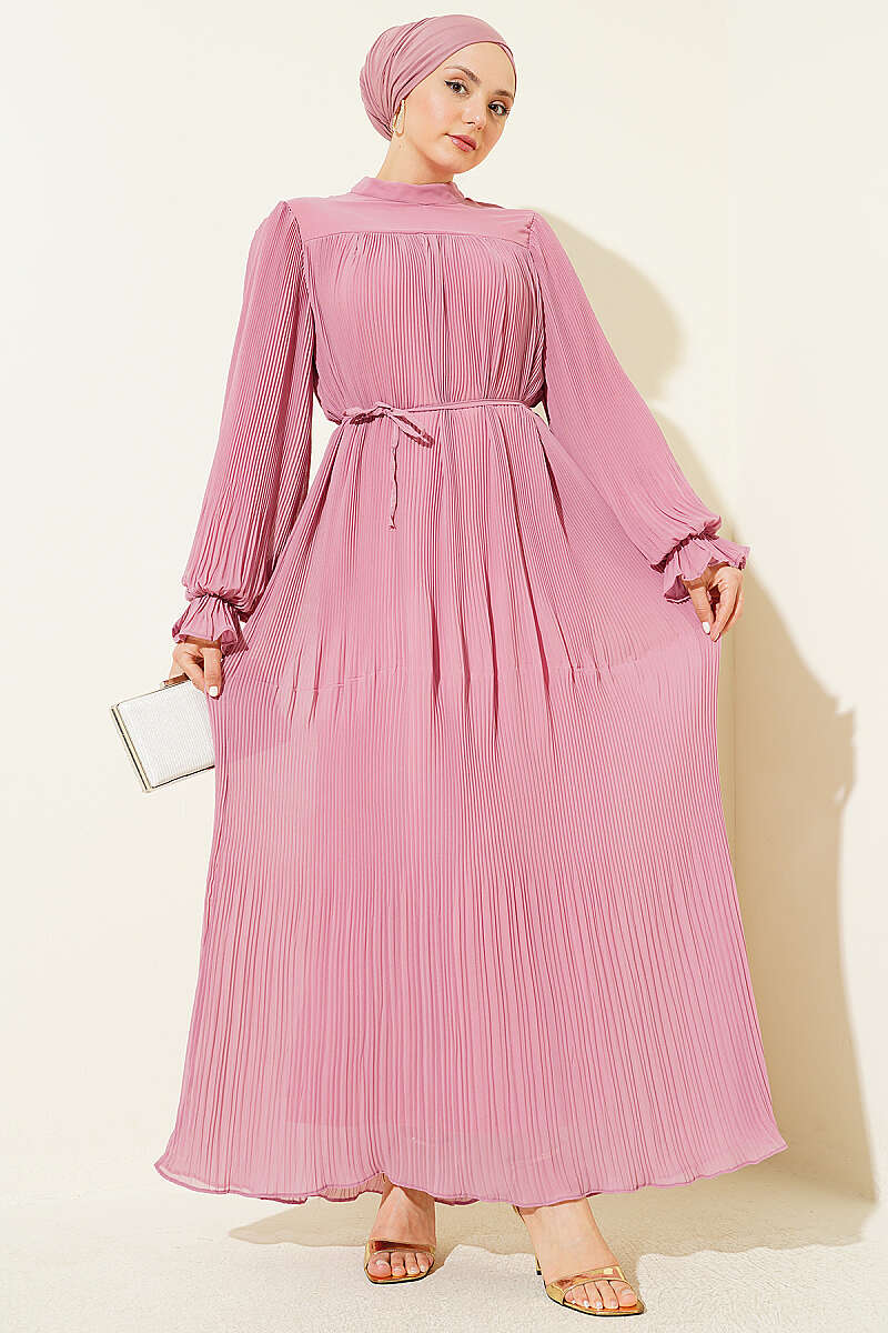 Plissé Evening Dress with Tie Cord - Powder