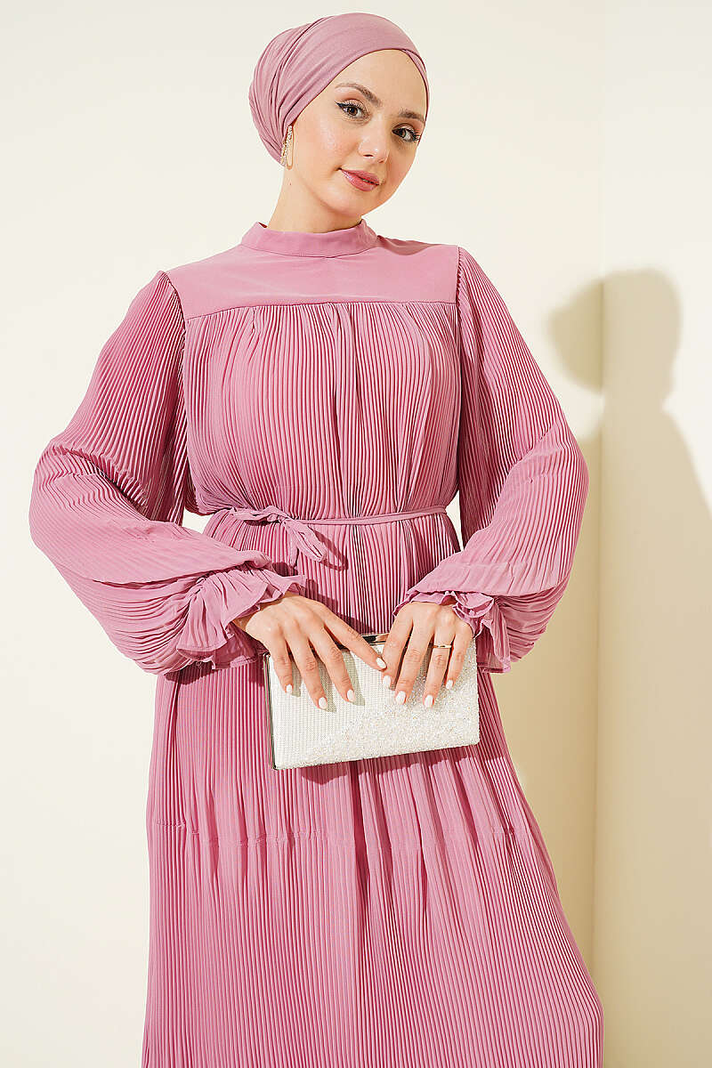 Plissé Evening Dress with Tie Cord - Powder