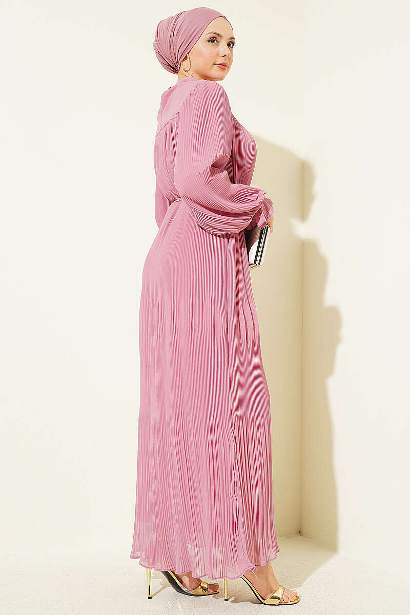 Plissé Evening Dress with Tie Cord - Powder