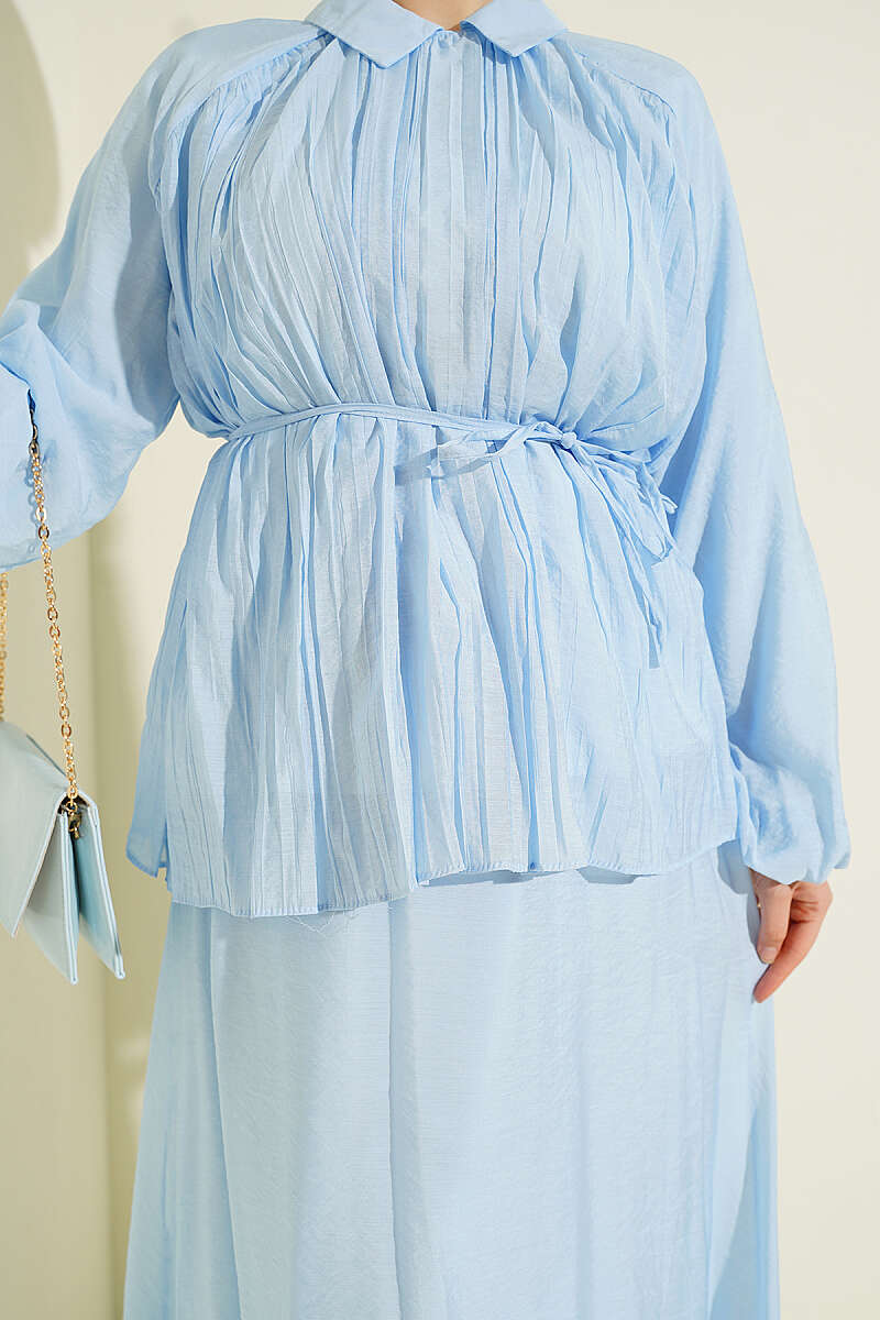 Plissé Two-Piece Skirt Set with Tie Cord - Light Blue