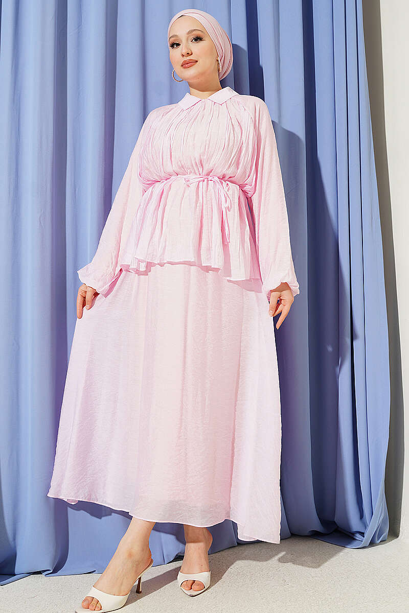 Plissé Two-Piece Skirt Set with Tie Cord - Pink