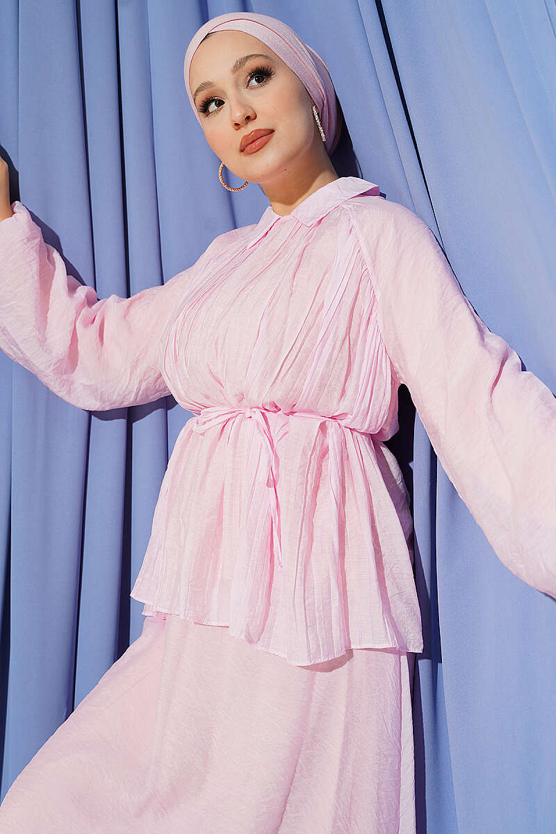 Plissé Two-Piece Skirt Set with Tie Cord - Pink