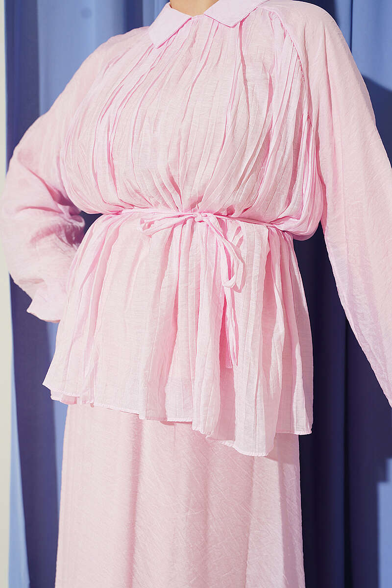 Plissé Two-Piece Skirt Set with Tie Cord - Pink