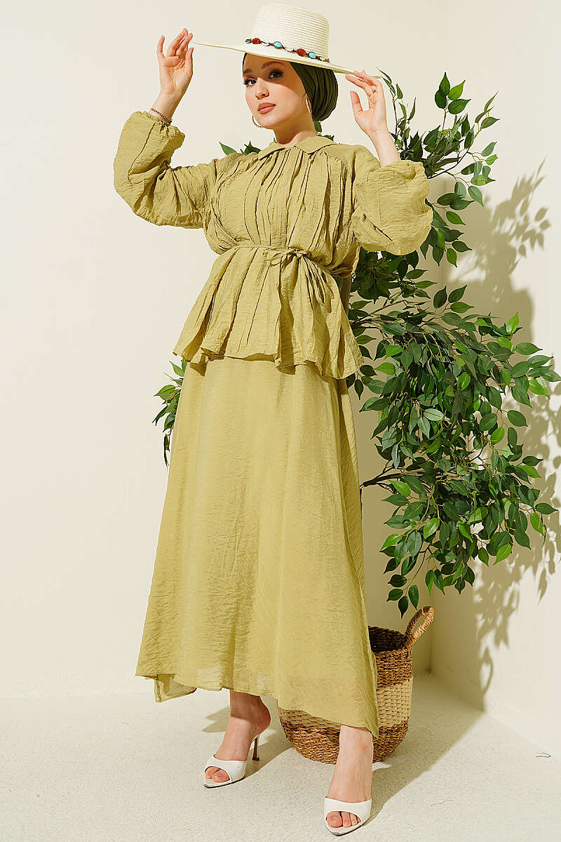 Plissé Two-Piece Skirt Set with Tie Cord - Olive