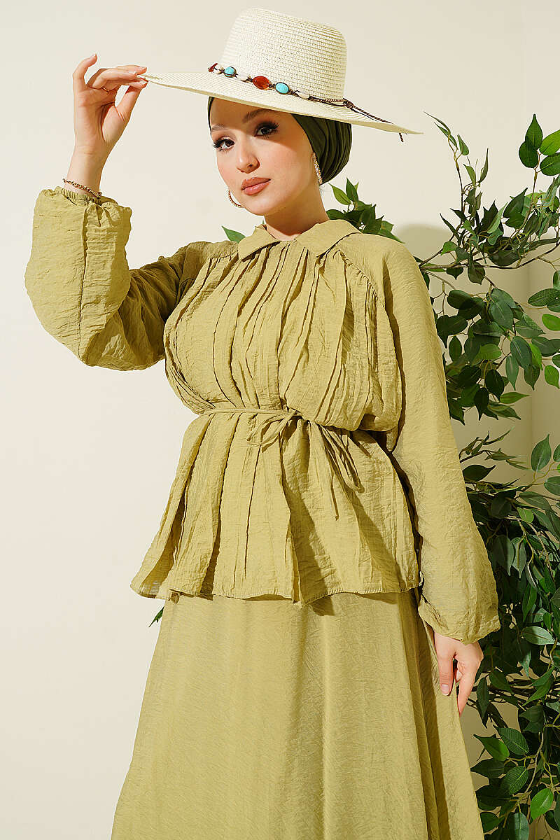 Plissé Two-Piece Skirt Set with Tie Cord - Olive