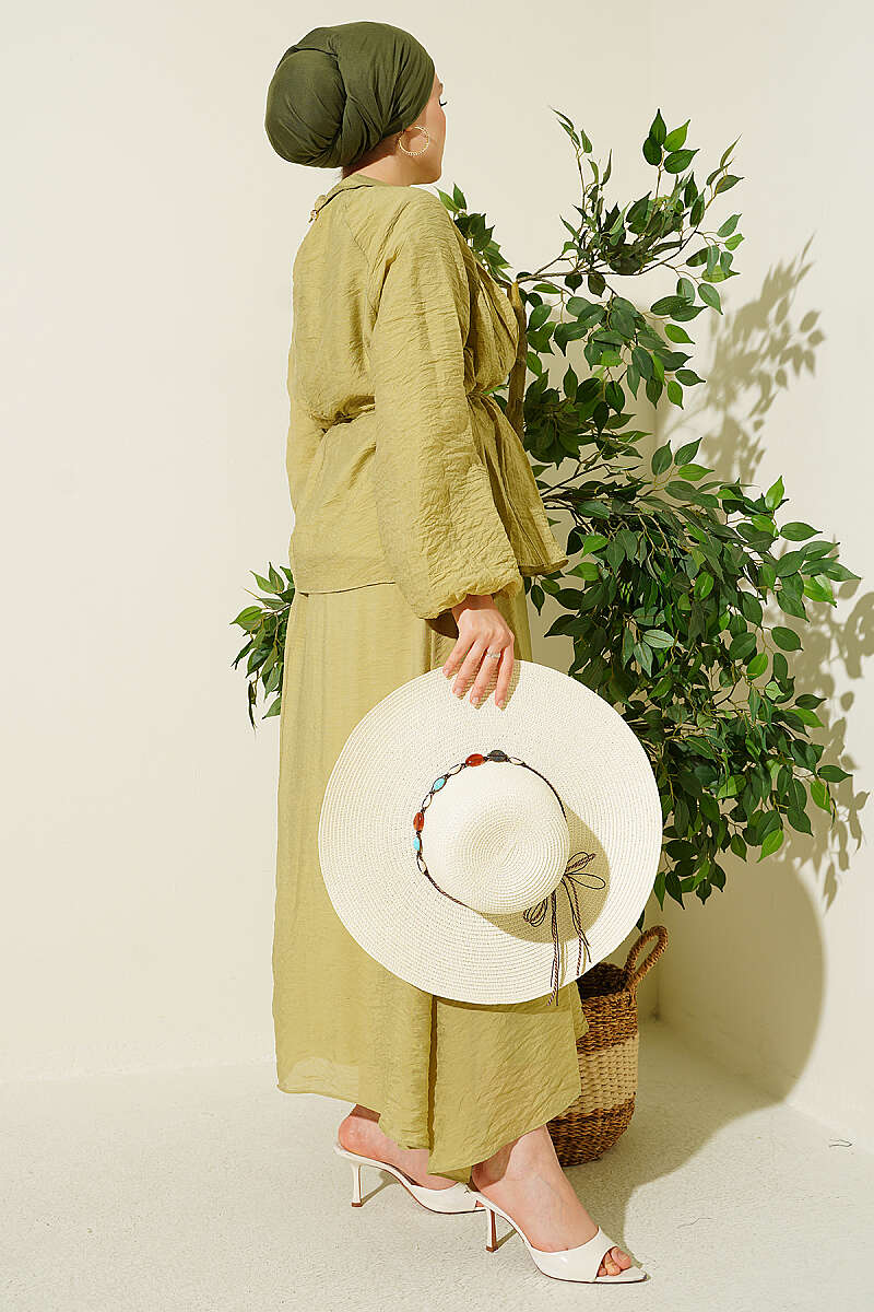 Plissé Two-Piece Skirt Set with Tie Cord - Olive