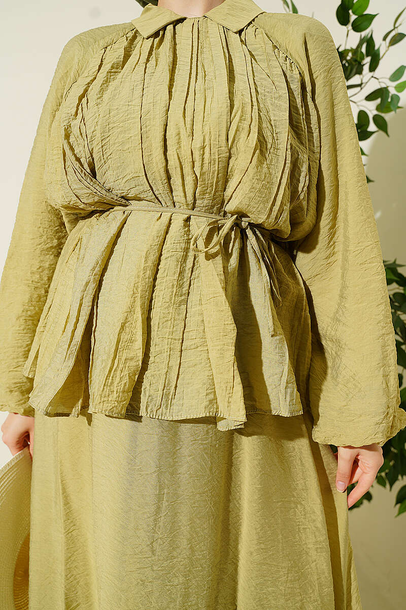 Plissé Two-Piece Skirt Set with Tie Cord - Olive