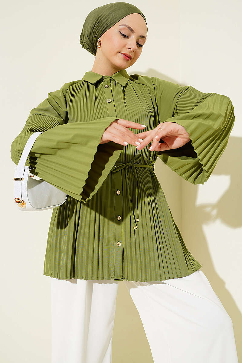 Plissé Shirt with Cord Belt - Almond Green