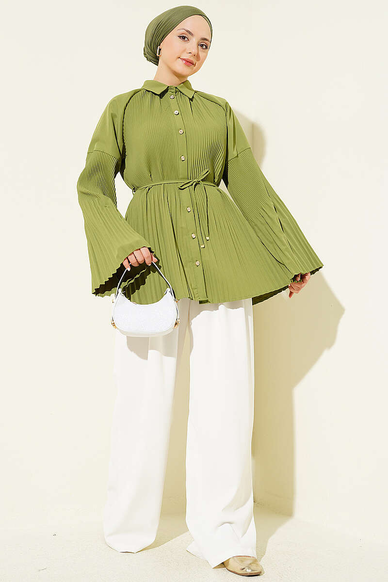 Plissé Shirt with Cord Belt - Almond Green