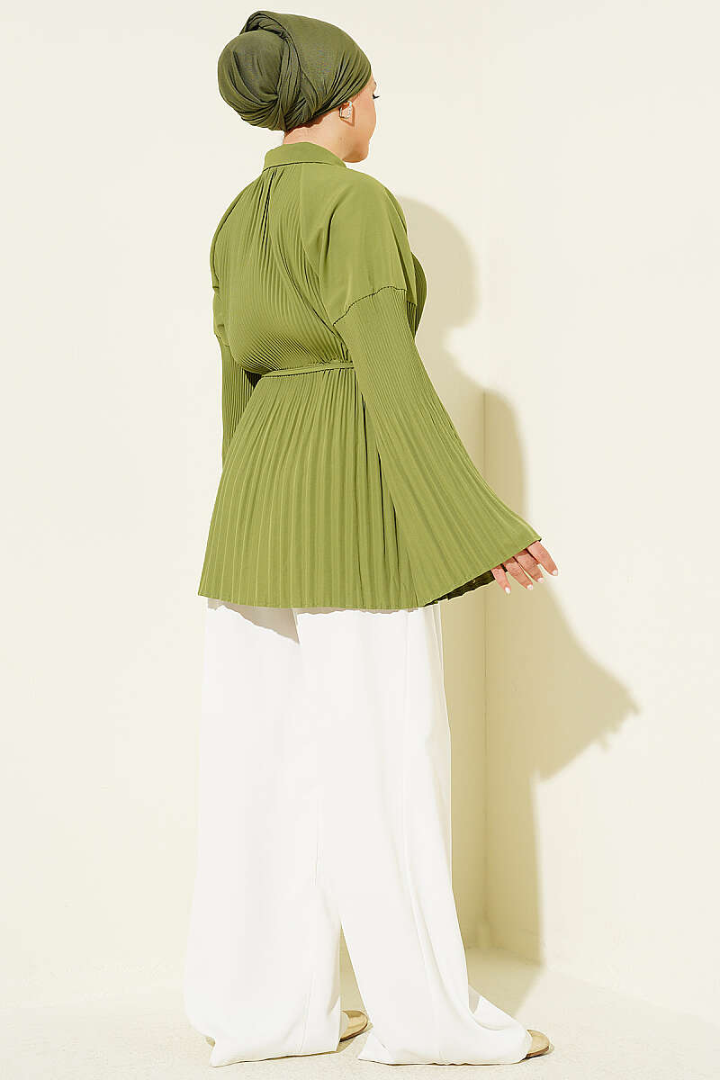 Plissé Shirt with Cord Belt - Almond Green