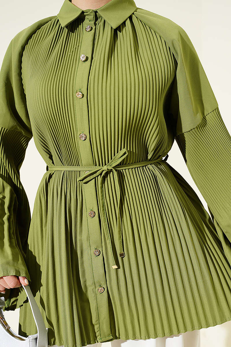 Plissé Shirt with Cord Belt - Almond Green