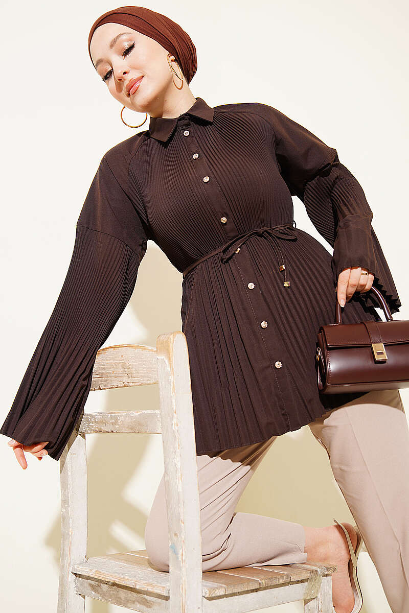 Plissé Shirt with Cord Belt - Brown