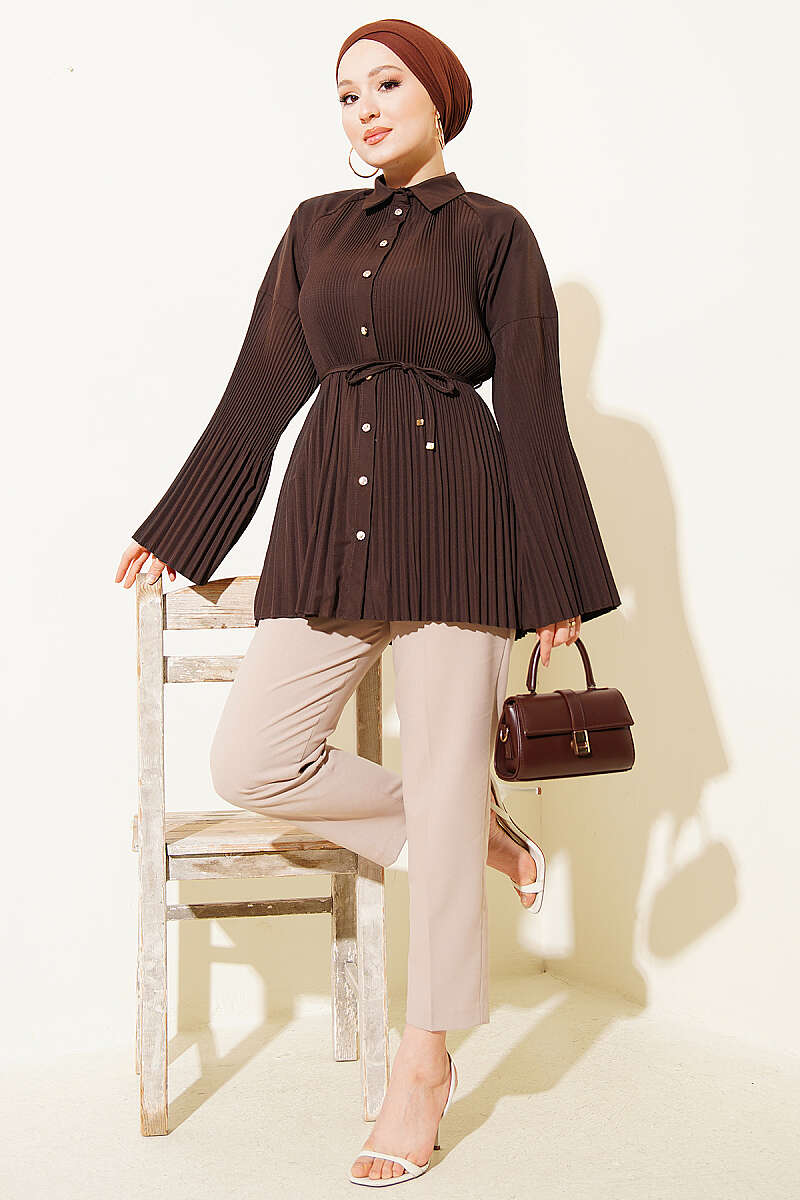 Plissé Shirt with Cord Belt - Brown