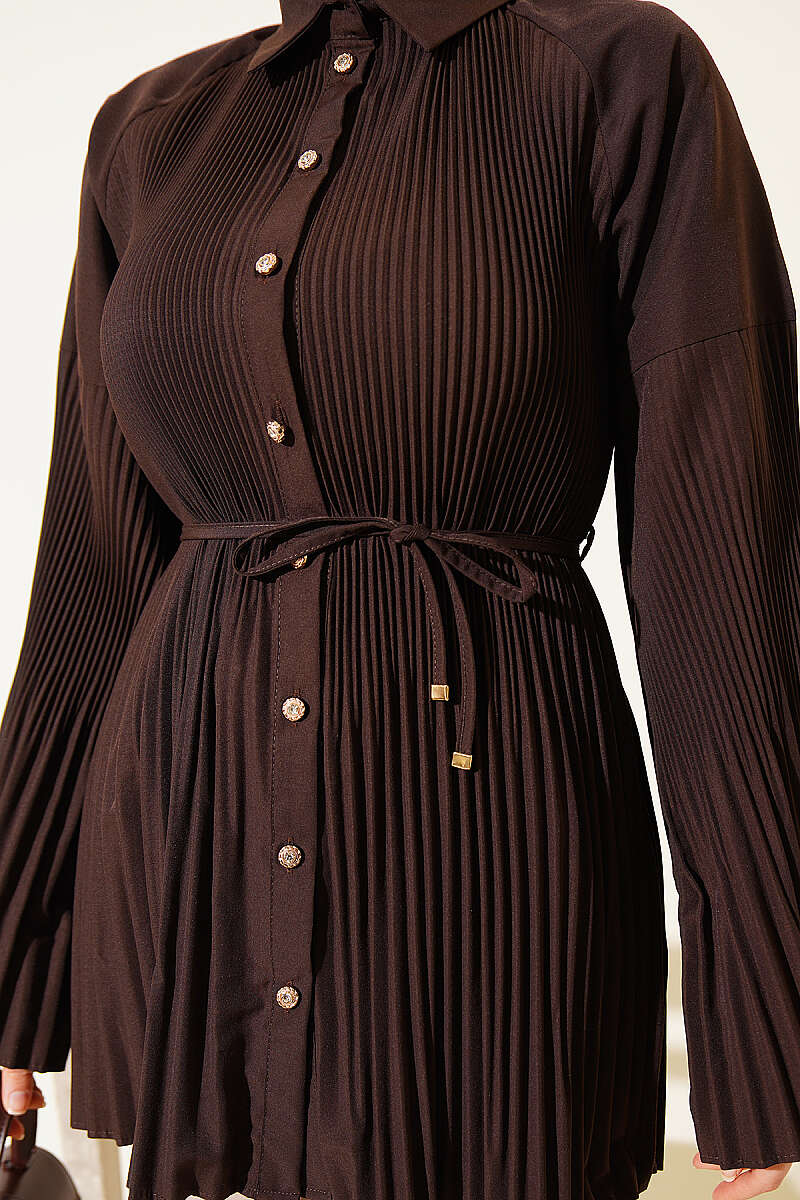 Plissé Shirt with Cord Belt - Brown