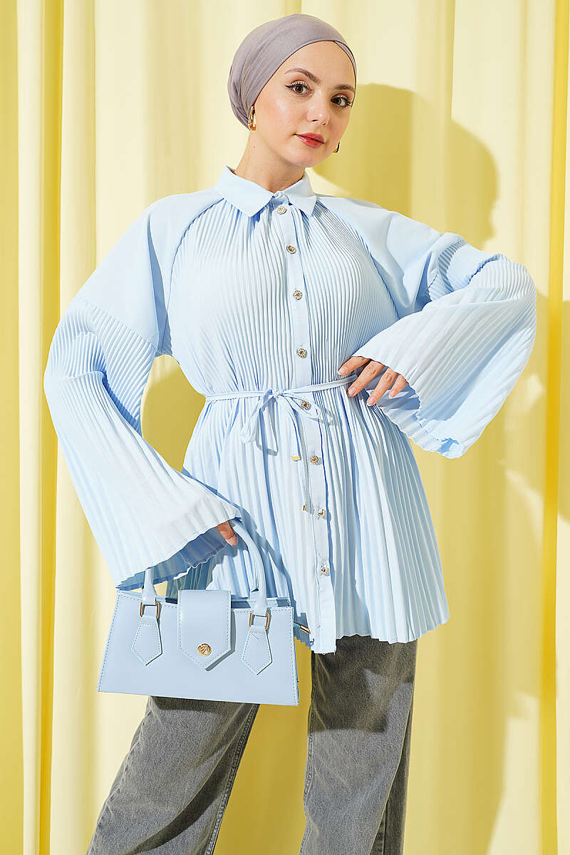 Plissé Shirt with Cord Belt - Blue