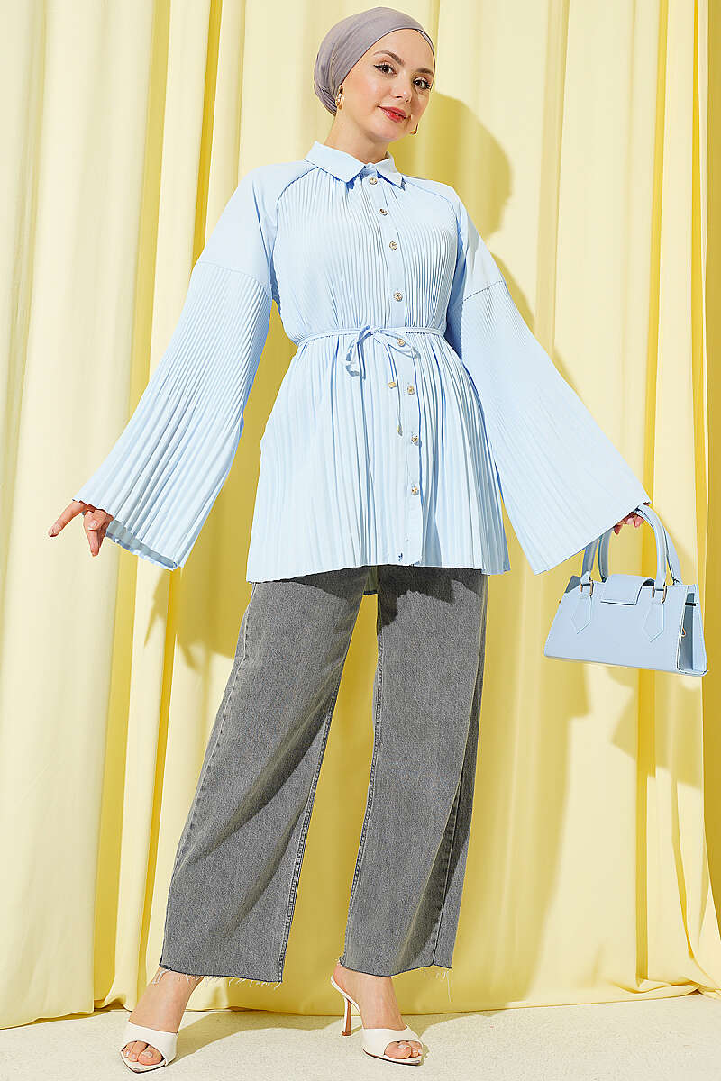 Plissé Shirt with Cord Belt - Blue