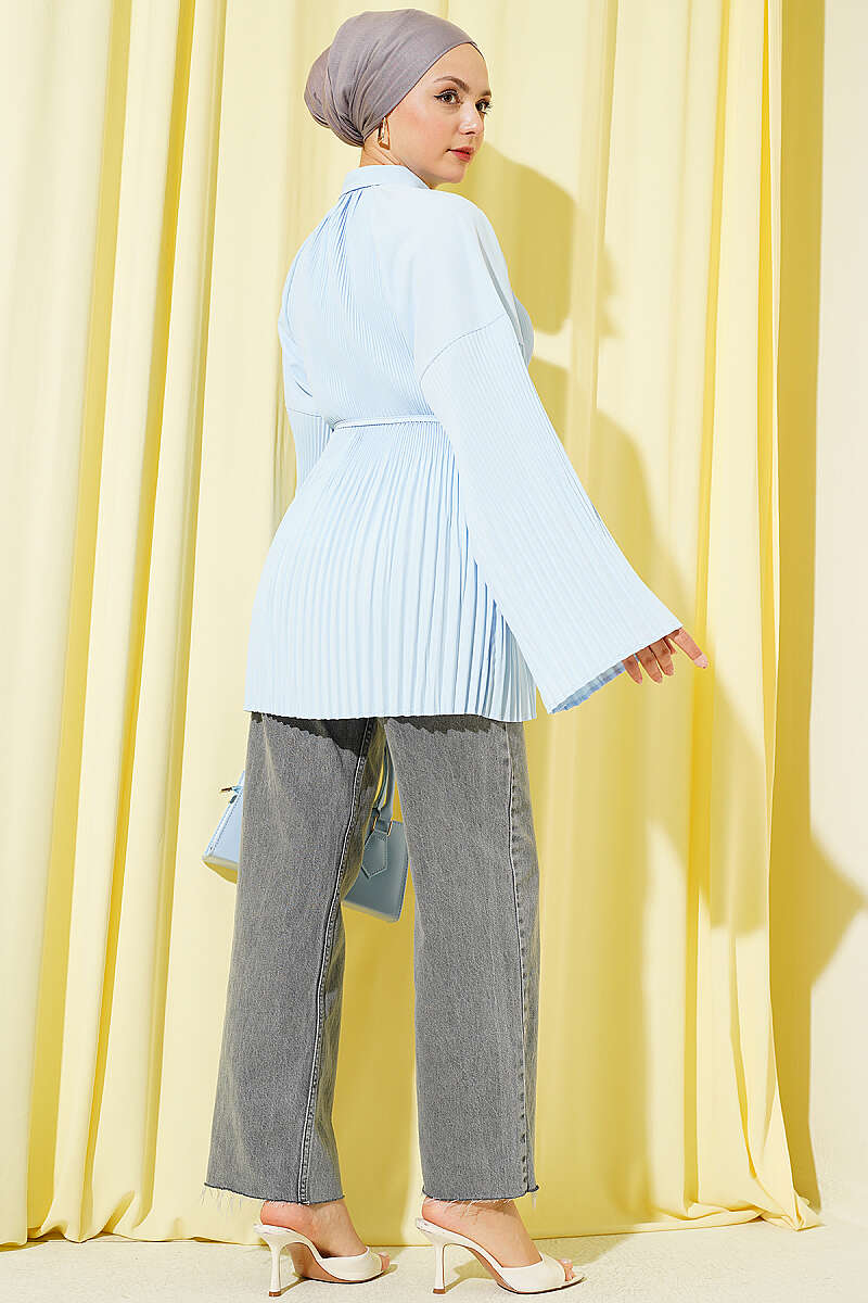 Plissé Shirt with Cord Belt - Blue
