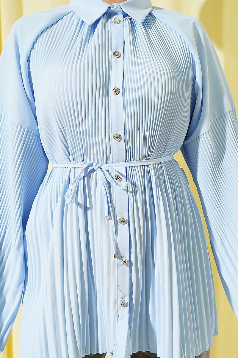 Plissé Shirt with Cord Belt - Blue