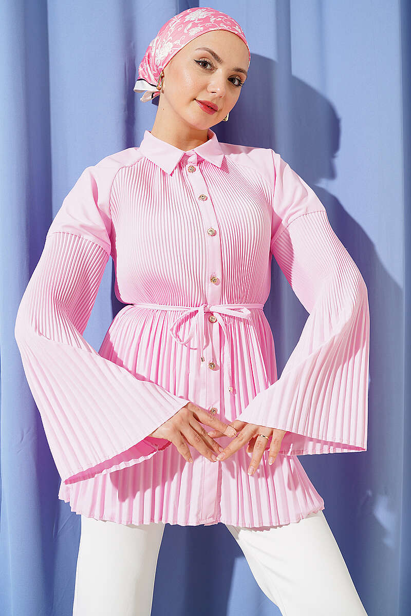 Plissé Shirt with Cord Belt - Pink