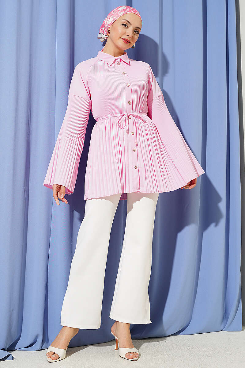 Plissé Shirt with Cord Belt - Pink