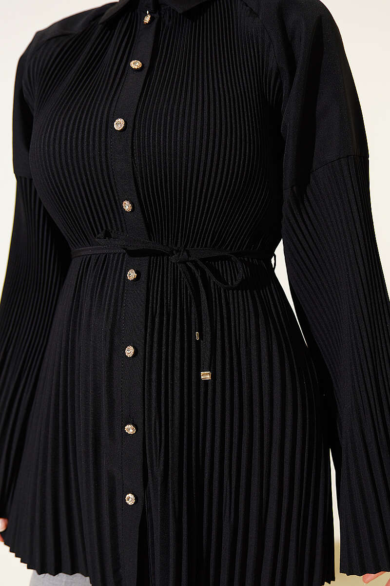 Plissé Shirt with Cord Belt - Black