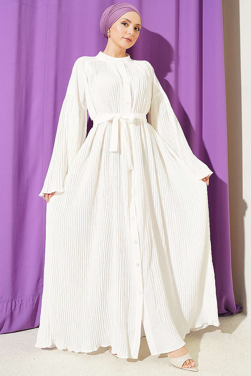 Belted Plissé Dress with Flared Sleeves - White