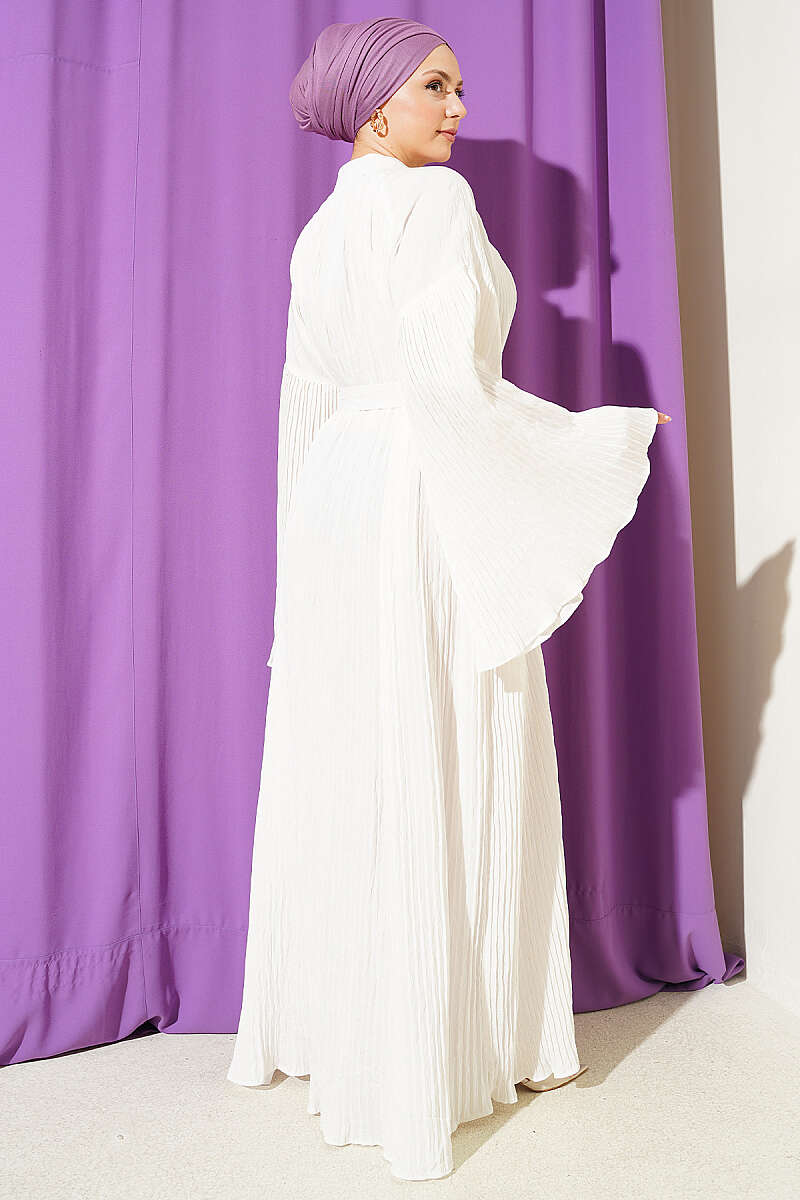 Belted Plissé Dress with Flared Sleeves - White