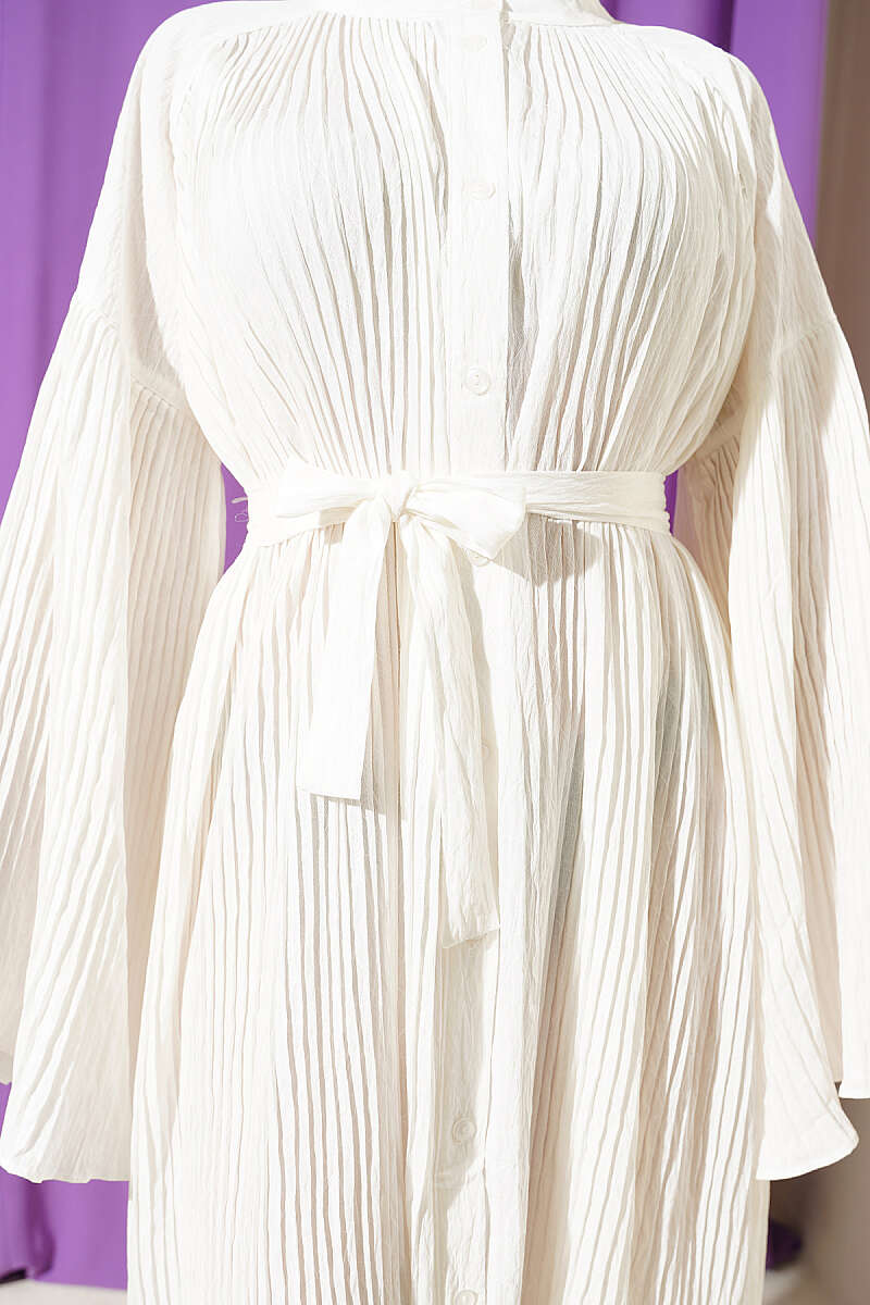 Belted Plissé Dress with Flared Sleeves - White