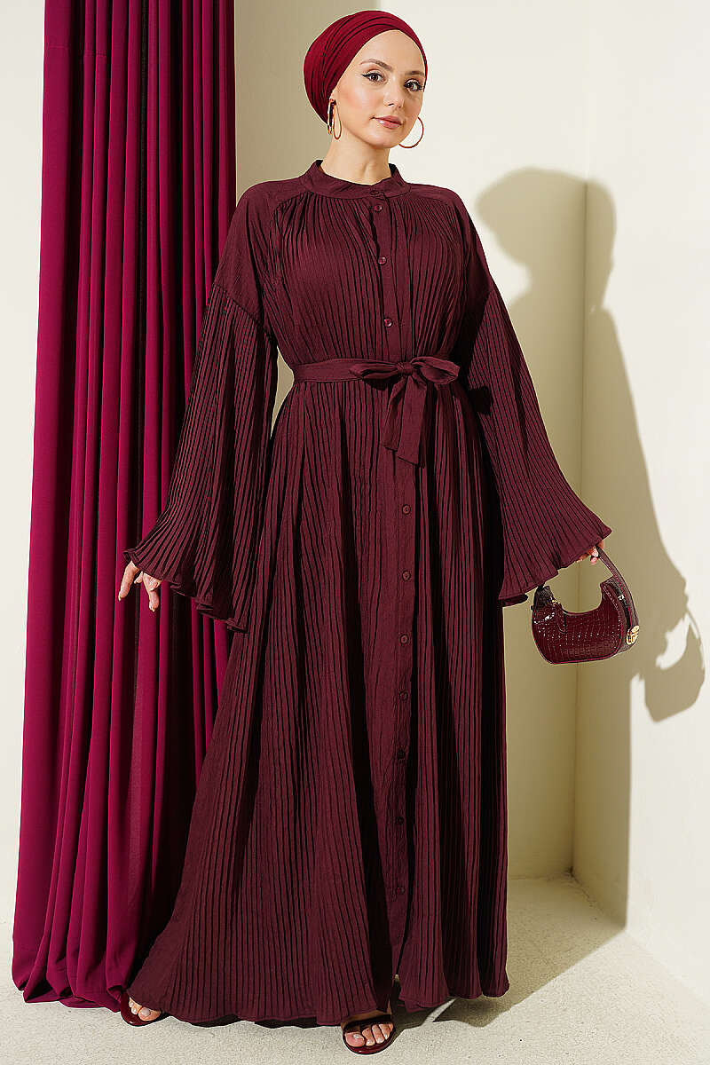 Belted Plissé Dress with Flared Sleeves - Burgundy