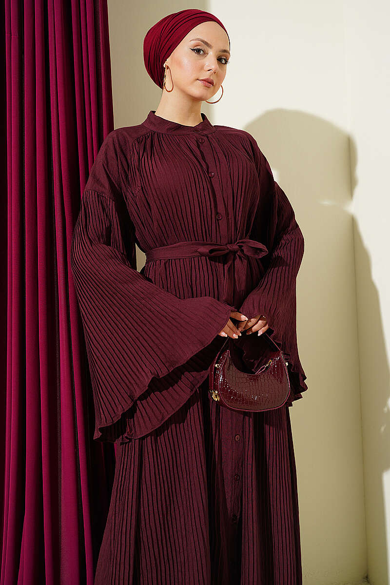 Belted Plissé Dress with Flared Sleeves - Burgundy