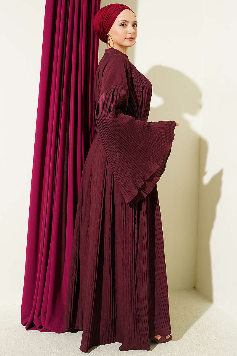 Belted Plissé Dress with Flared Sleeves - Burgundy