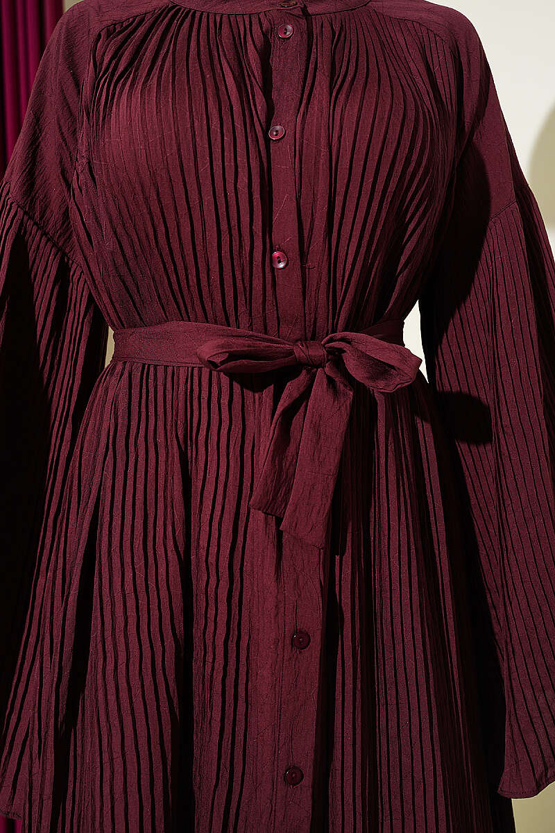 Belted Plissé Dress with Flared Sleeves - Burgundy
