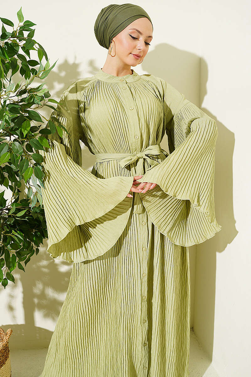 Belted Plissé Dress with Flared Sleeves - Almond Green