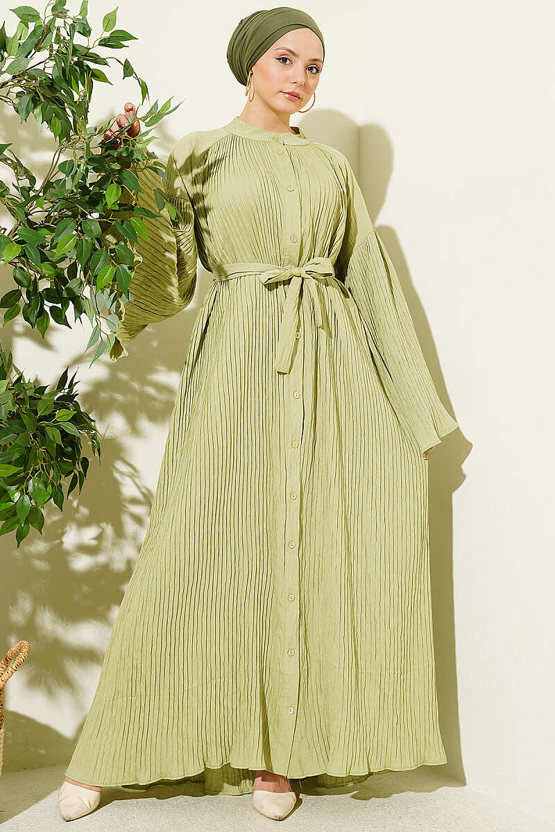 Belted Plissé Dress with Flared Sleeves - Almond Green
