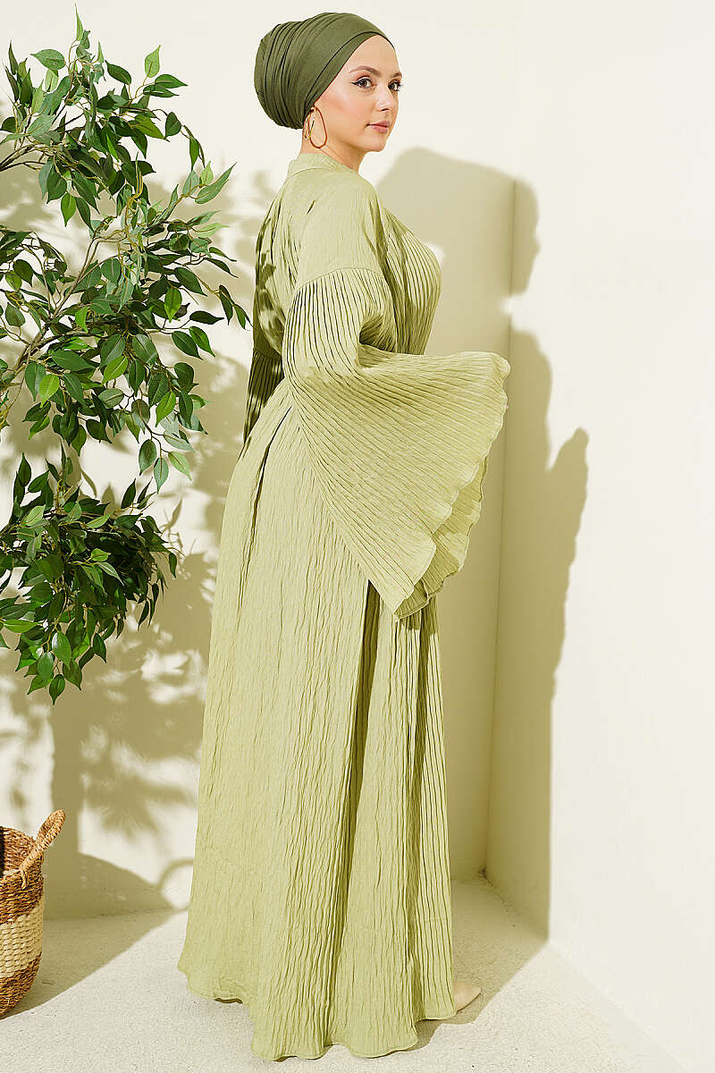 Belted Plissé Dress with Flared Sleeves - Almond Green