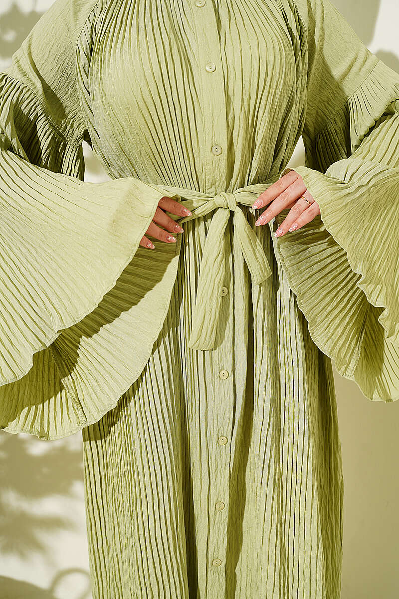Belted Plissé Dress with Flared Sleeves - Almond Green