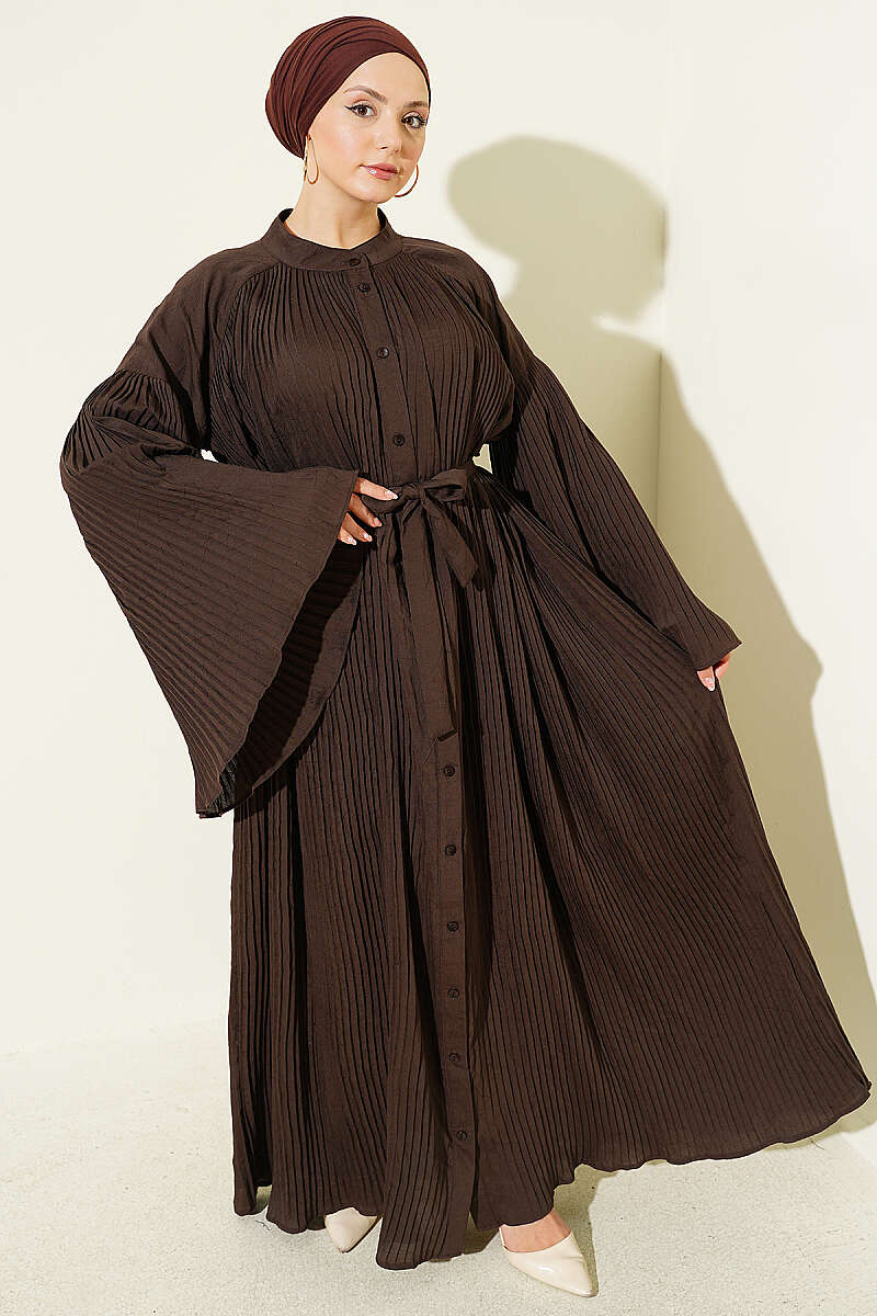 Belted Plissé Dress with Flared Sleeves - Chestnut