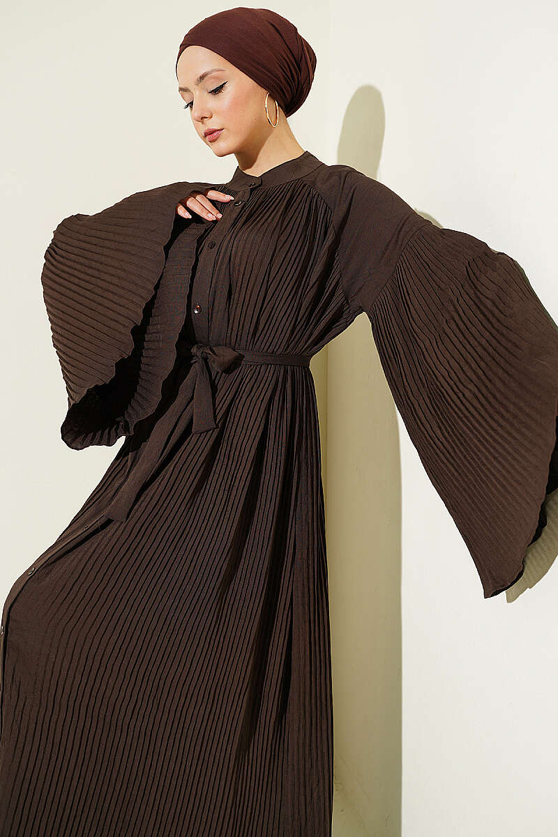 Belted Plissé Dress with Flared Sleeves - Chestnut
