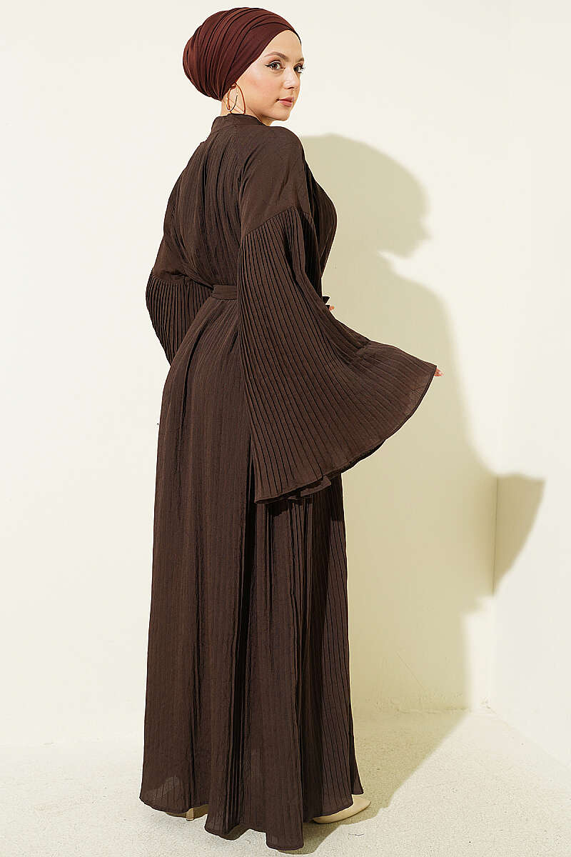 Belted Plissé Dress with Flared Sleeves - Chestnut