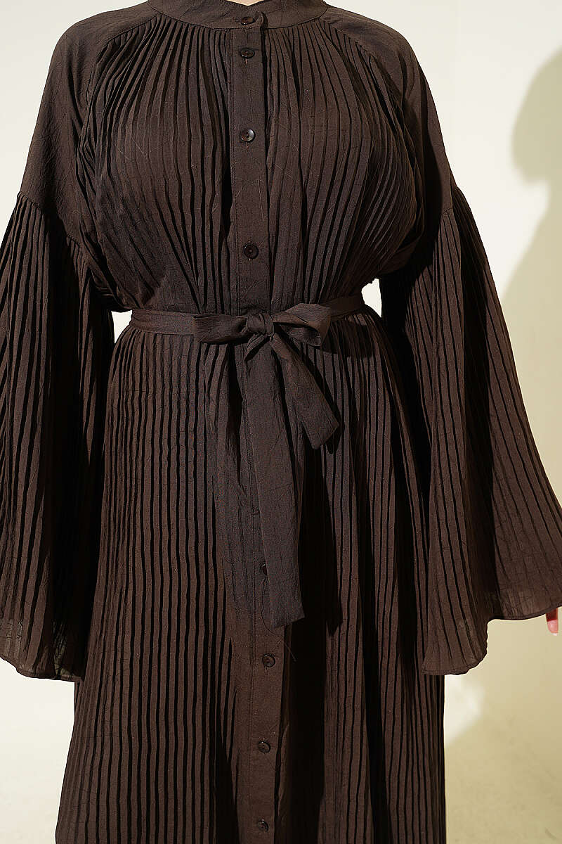 Belted Plissé Dress with Flared Sleeves - Chestnut
