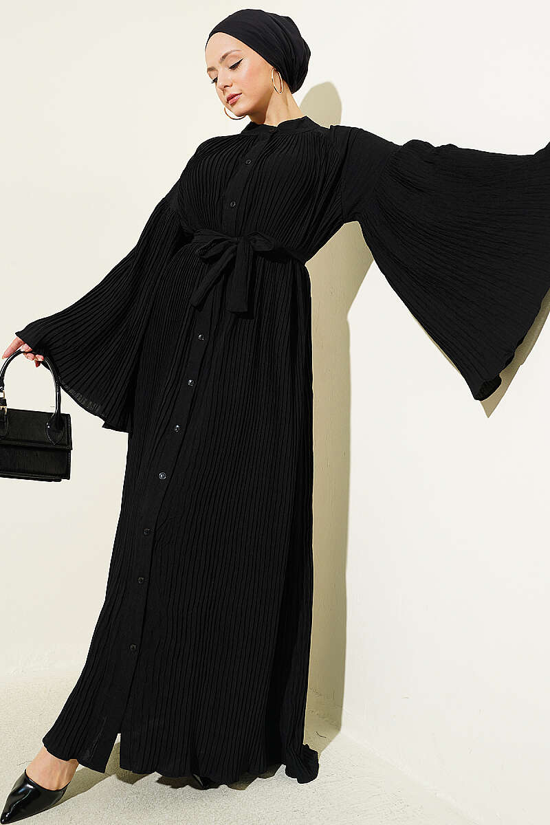 Belted Plissé Dress with Flared Sleeves - Black