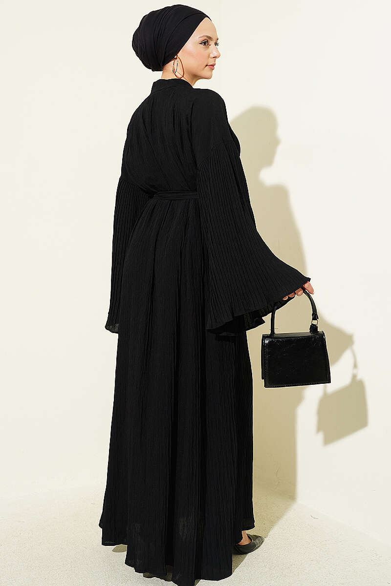 Belted Plissé Dress with Flared Sleeves - Black